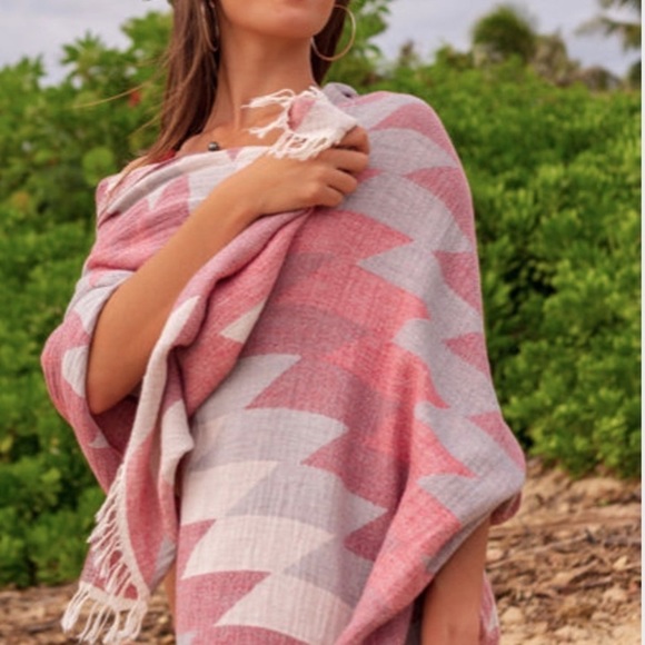 Southwest Aztec Blanket Wrap Jacquard Woven Organic Cotton Light Red Pink Gray - Picture 3 of 10